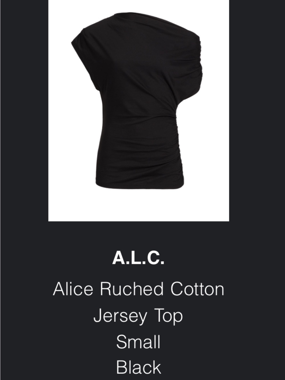A.L.C. One-Shoulder Ruched Jersey Top in Black. Size small.